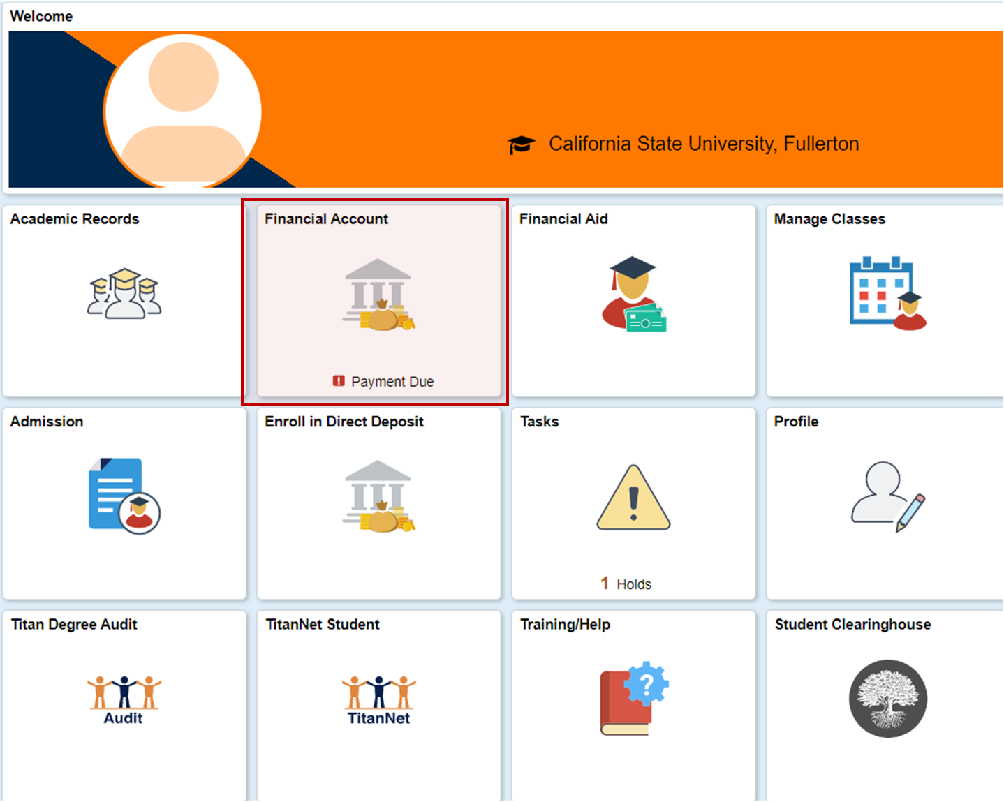 Financial Account Tile on Student Homepage